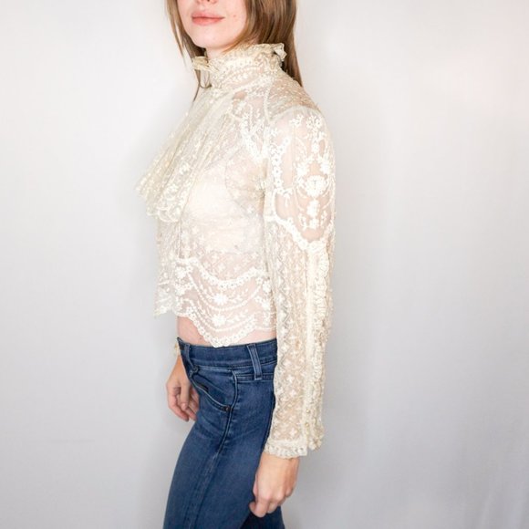 ANTIQUE Ruffle Neck Long-Sleeve Ivory Lace Blouse - Picture 4 of 7